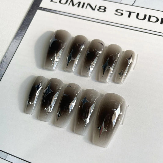 LM02 Black Aura Ombre with Silver Metallic Stars Nails