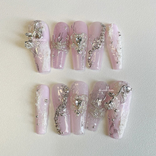 LM03 Pink and Silver Ethereal with Rose Charms Nails