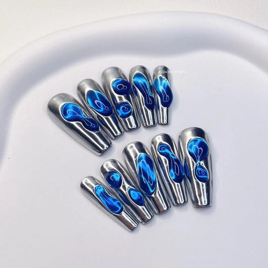 LM08 Futuristic Silver Metal and Blue Slime Nails