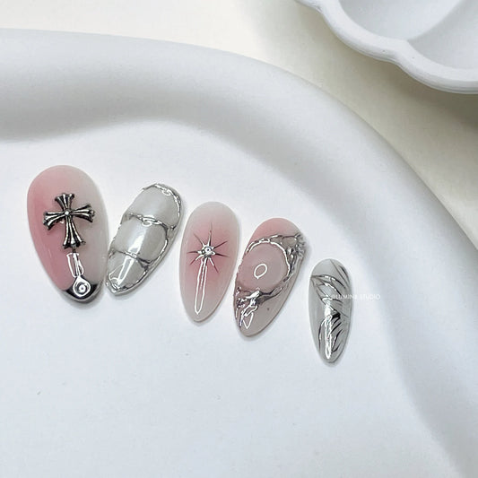 LM10 Pink and White 3D silver with Cross Nails