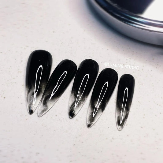 LM11 Black Smoke Ombre Transparent Tip Nails