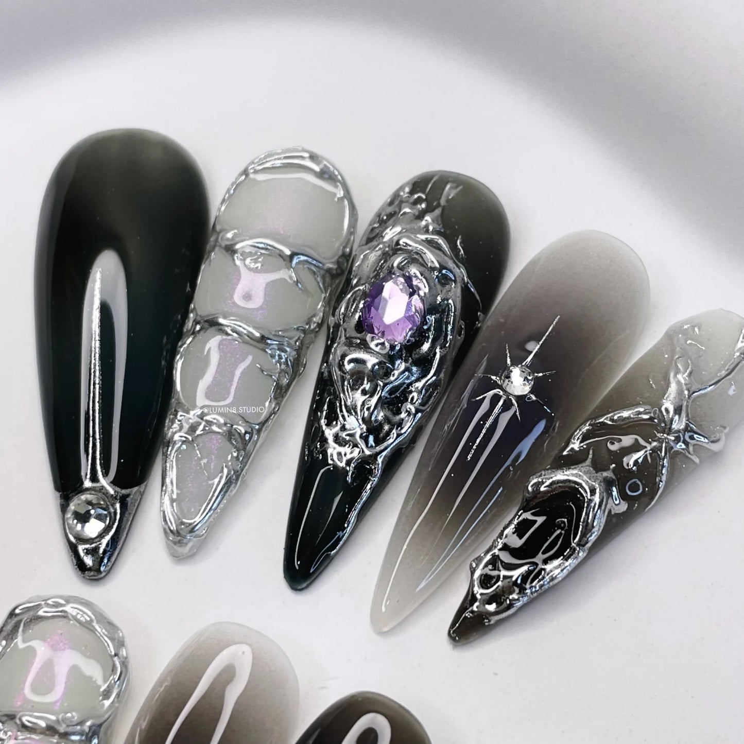 LM24 Black White Silver Cyberpunk Nails with Purple Rhinestone