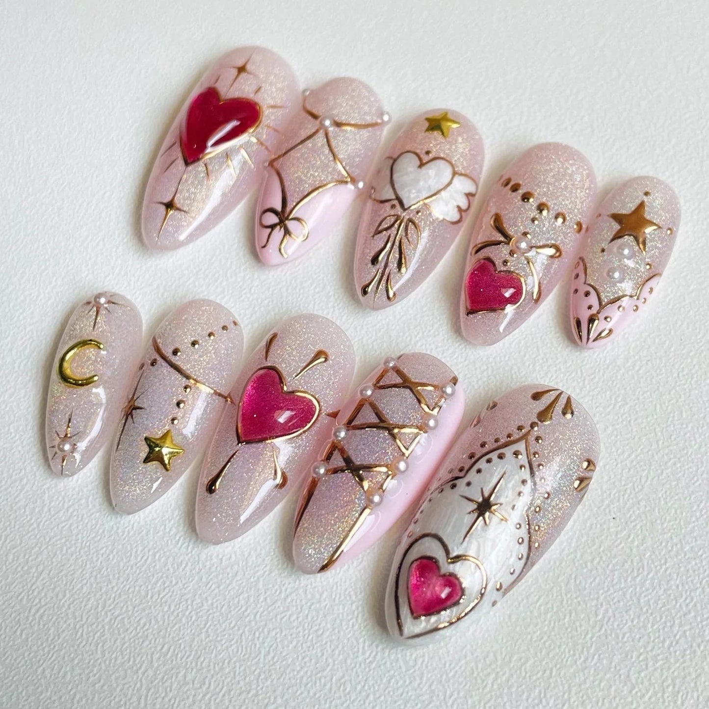 LM25 Kawaii Heart Themed Pink Rainbow Cat Eye & Gold Nails