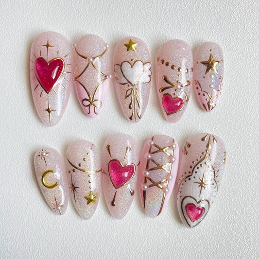 LM25 Kawaii Heart Themed Pink Rainbow Cat Eye & Gold Nails