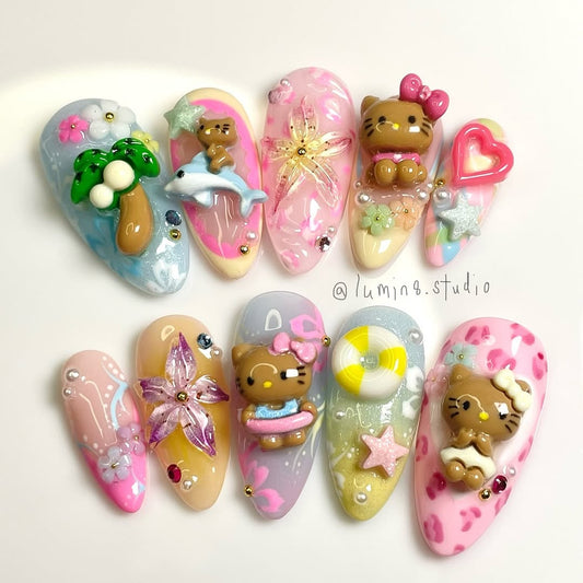 LM34 Colorful Hello Kitty Hawaii Summer Nails