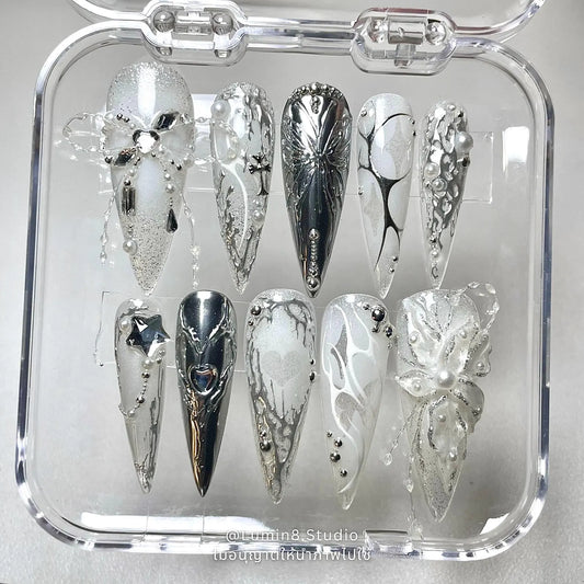 LM36 Ethereal Glittery Clear White Floral Nails