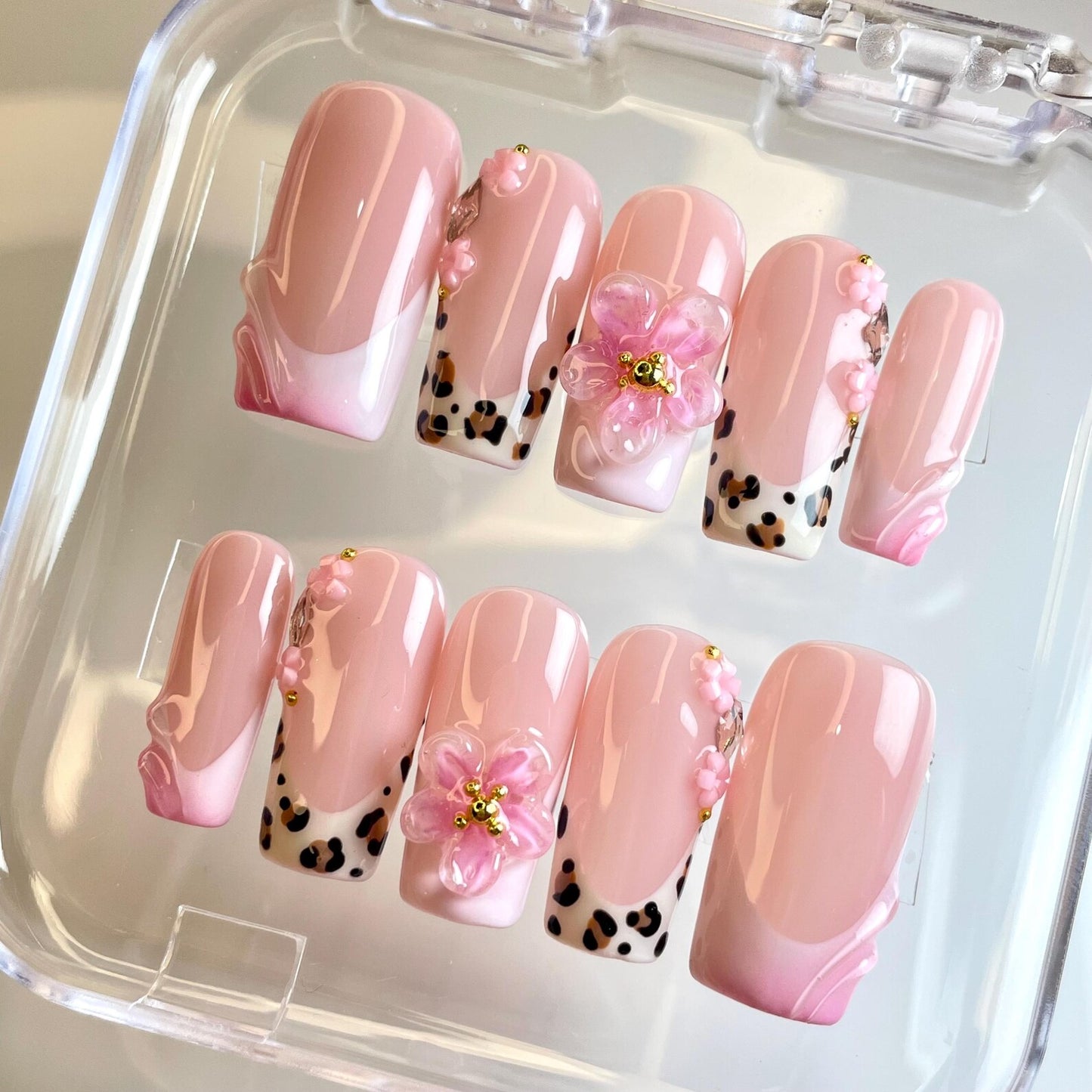 LM37 Leopard 3D Floral French Nails