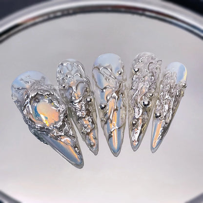 LM01 Cyberpunk Blue Aurora Silver Butterfly Nails