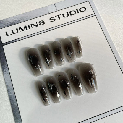 LM02 Black Aura Ombre with Silver Metallic Stars Nails