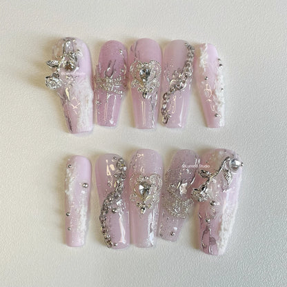 LM03 Pink and Silver Ethereal with Rose Charms Nails