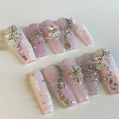 LM03 Pink and Silver Ethereal with Rose Charms Nails