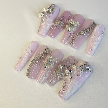 LM03 Pink and Silver Ethereal with Rose Charms Nails