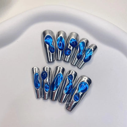 LM08 Futuristic Silver Metal and Blue Slime Nails