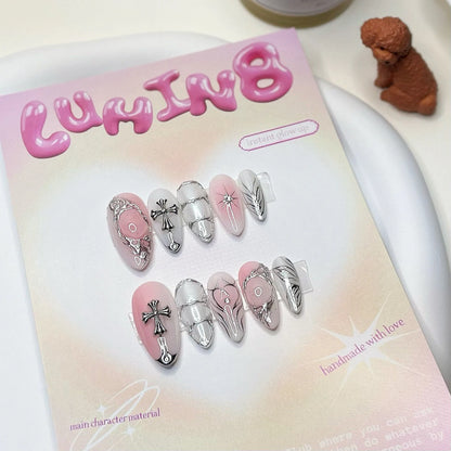 LM10 Pink and White 3D silver with Cross Nails