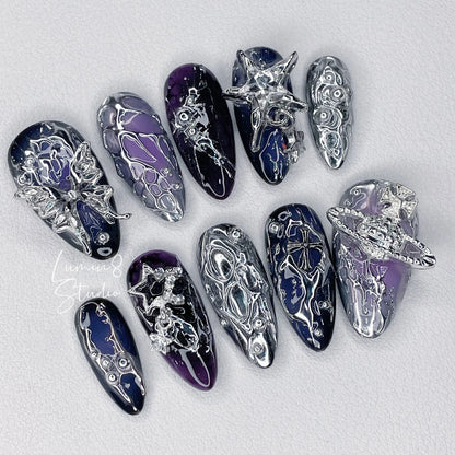 LM15 Goth Black Purple Silver Futuristic Cyberpunk Nails