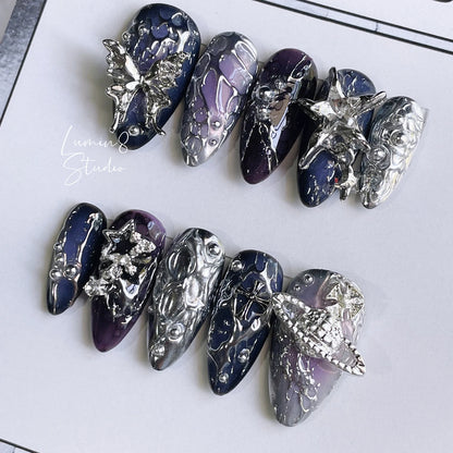 LM15 Goth Black Purple Silver Futuristic Cyberpunk Nails