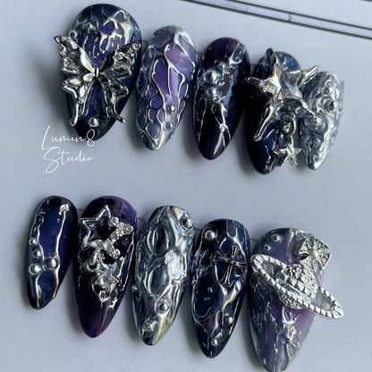 LM15 Goth Black Purple Silver Futuristic Cyberpunk Nails