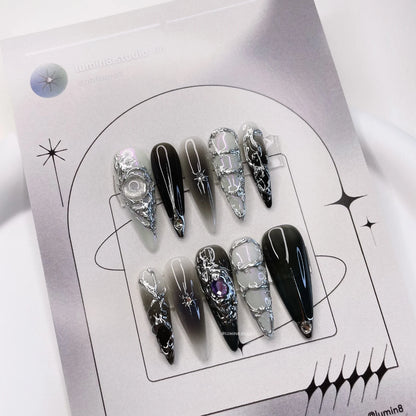 LM24 Black White Silver Cyberpunk Nails with Purple Rhinestone