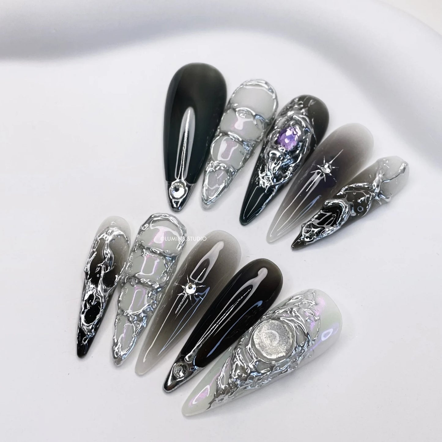 LM24 Black White Silver Cyberpunk Nails with Purple Rhinestone