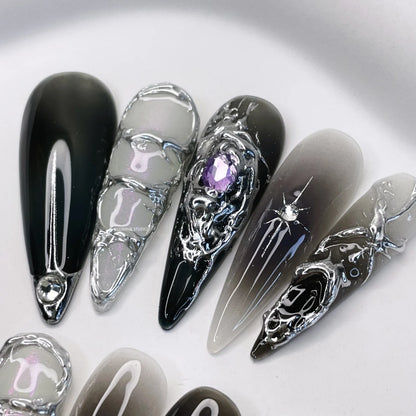 LM24 Black White Silver Cyberpunk Nails with Purple Rhinestone