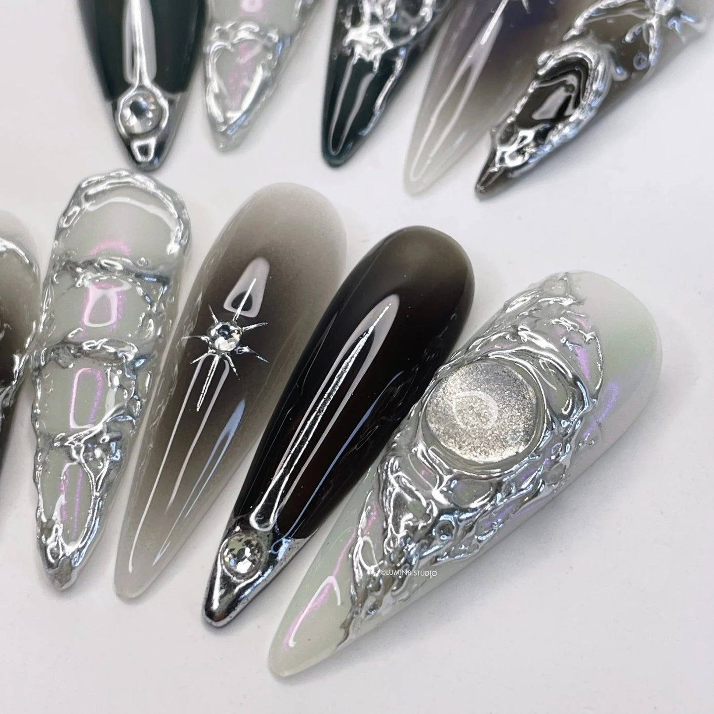 LM24 Black White Silver Cyberpunk Nails with Purple Rhinestone