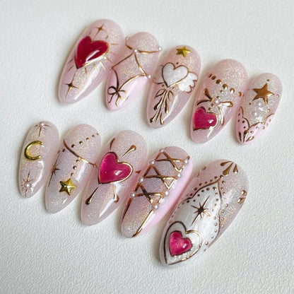 LM25 Kawaii Heart Themed Pink Rainbow Cat Eye & Gold Nails