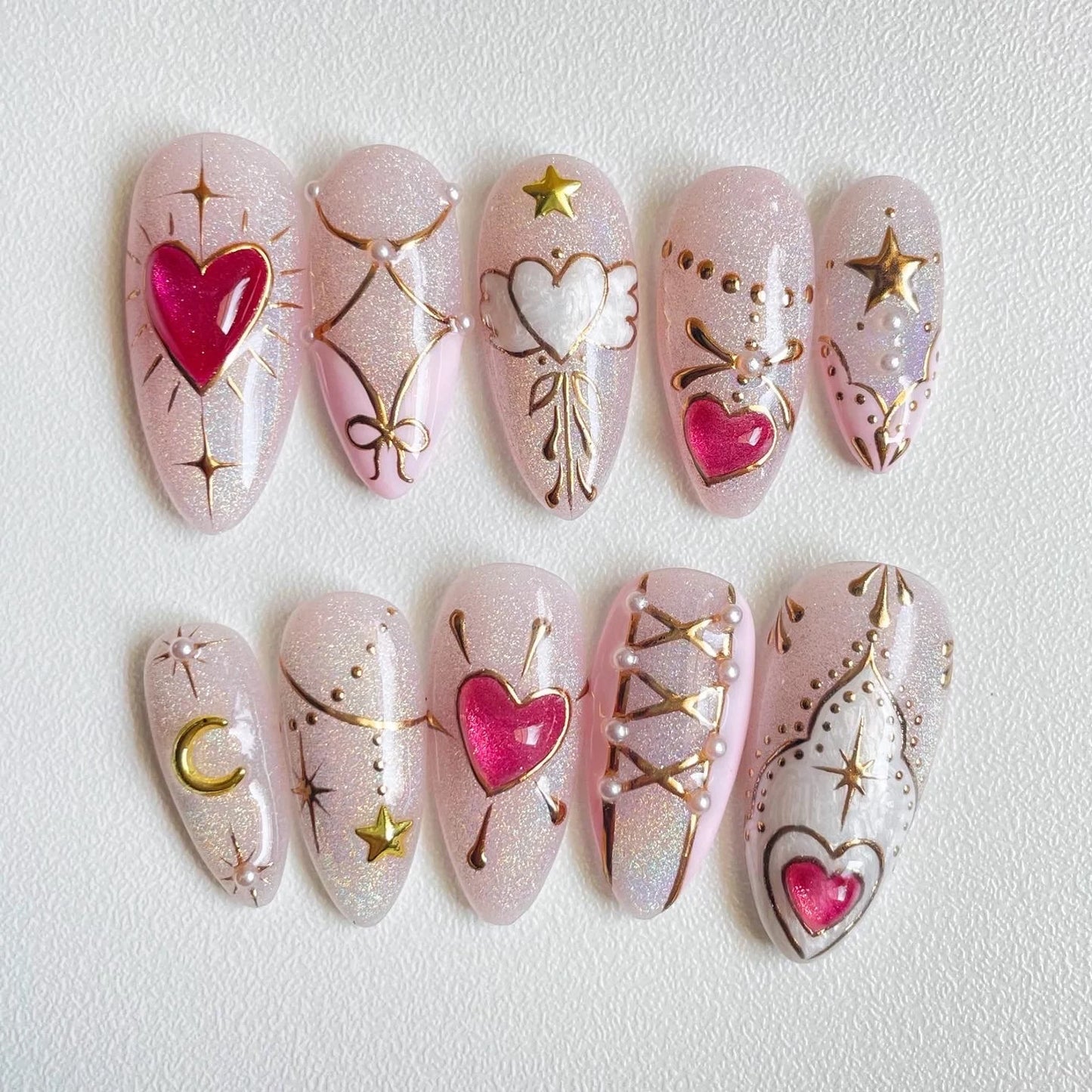 LM25 Kawaii Heart Themed Pink Rainbow Cat Eye & Gold Nails