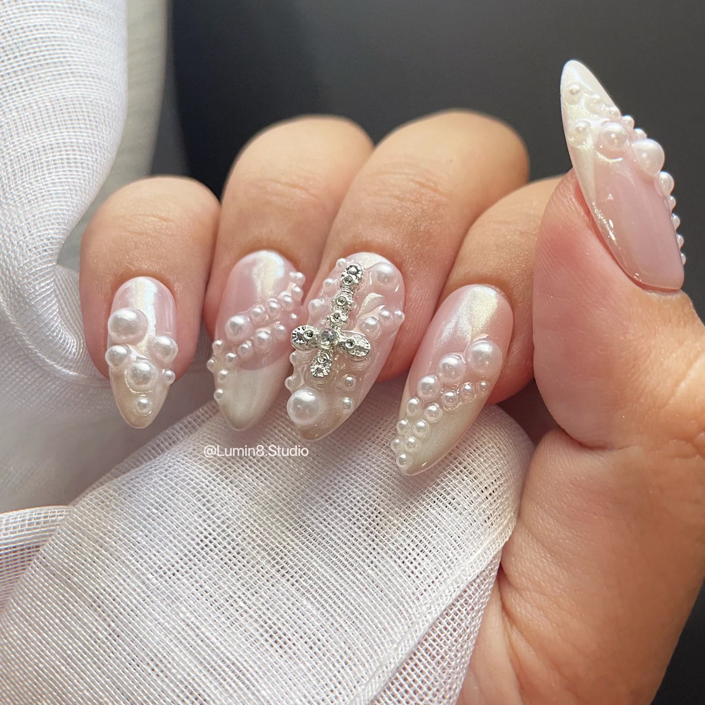 LM26 Glazed Donut White French Ombre with Pearls Nails