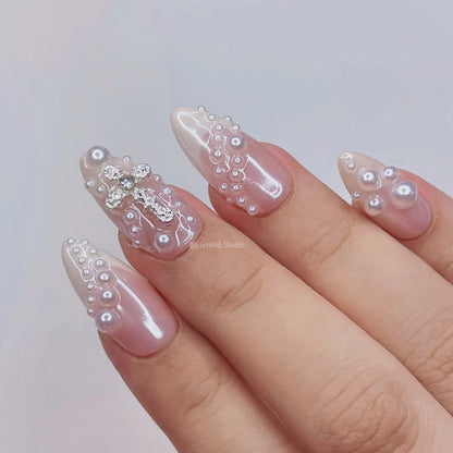 LM26 Glazed Donut White French Ombre with Pearls Nails
