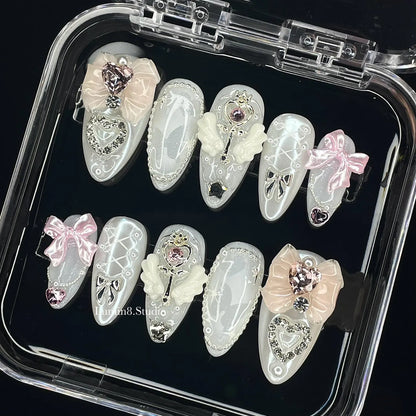 LM32 White Pearl Chrome Cute Coquette Nails