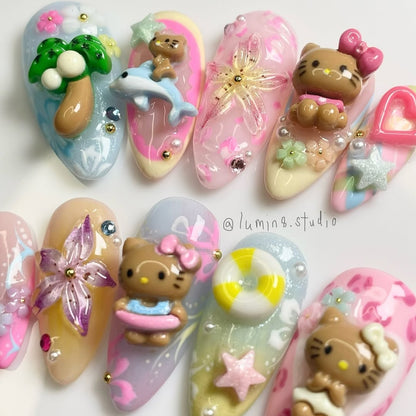 LM34 Colorful Hello Kitty Hawaii Summer Nails