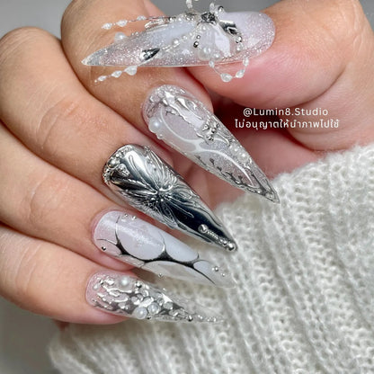 LM36 Ethereal Glittery Clear White Floral Nails