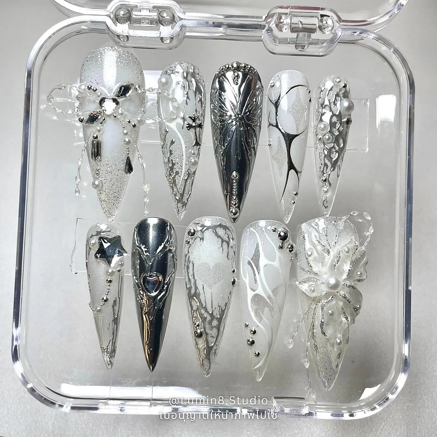 LM36 Ethereal Glittery Clear White Floral Nails