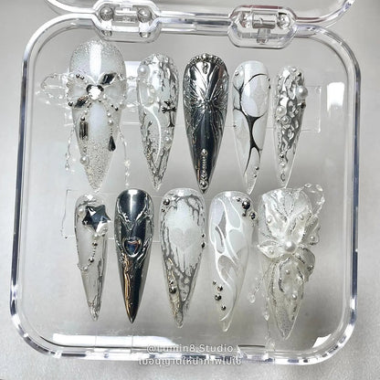 LM36 Ethereal Glittery Clear White Floral Nails