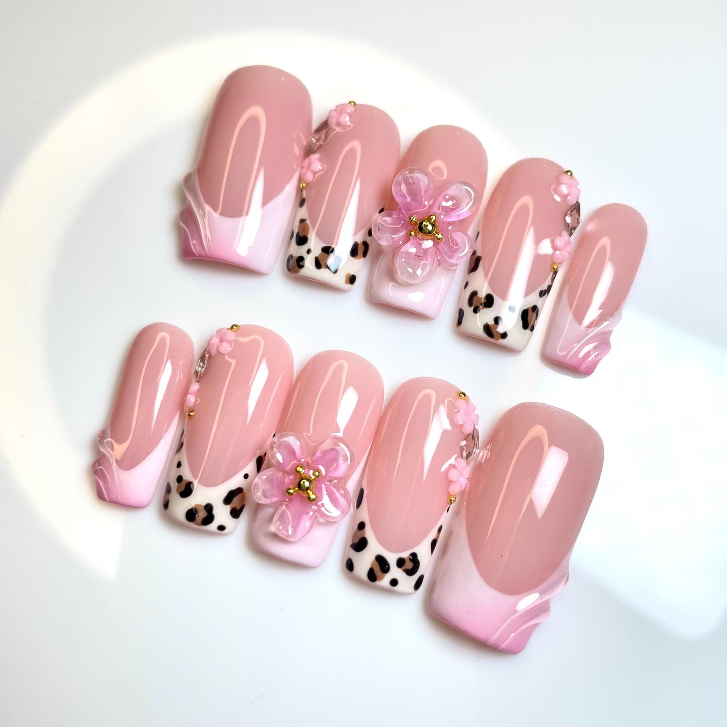 LM37 Leopard 3D Floral French Nails