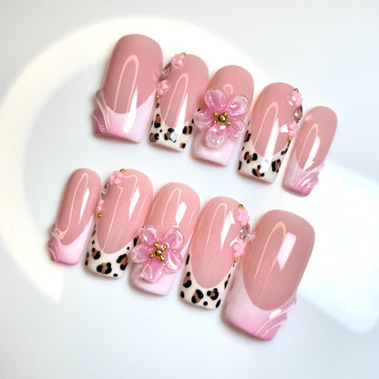 LM37 Leopard 3D Floral French Nails