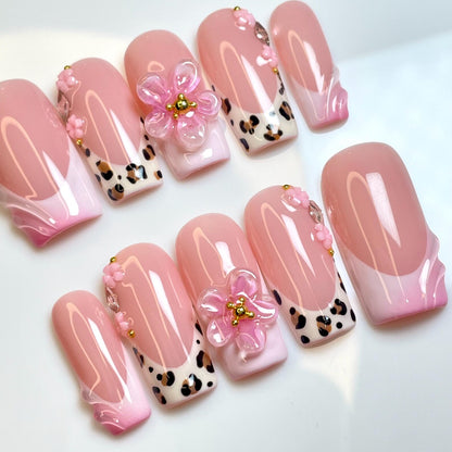 LM37 Leopard 3D Floral French Nails