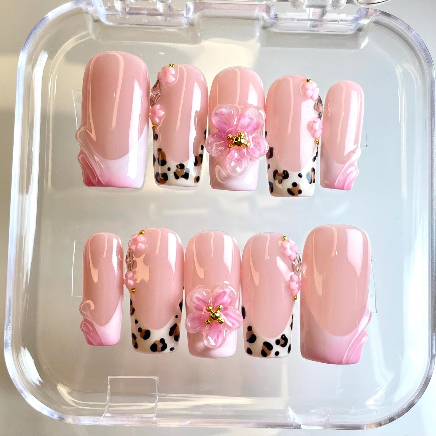 LM37 Leopard 3D Floral French Nails