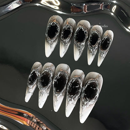 LM42 3D Silver Cyberpunk Black & White Aura Ombre Nails