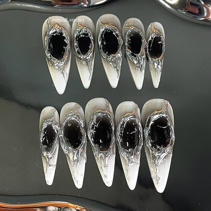 LM42 3D Silver Cyberpunk Black & White Aura Ombre Nails