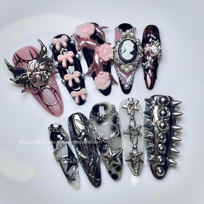 LM49 Gothic Black and Pink 3D Wings Charm Rose Vintage Nails
