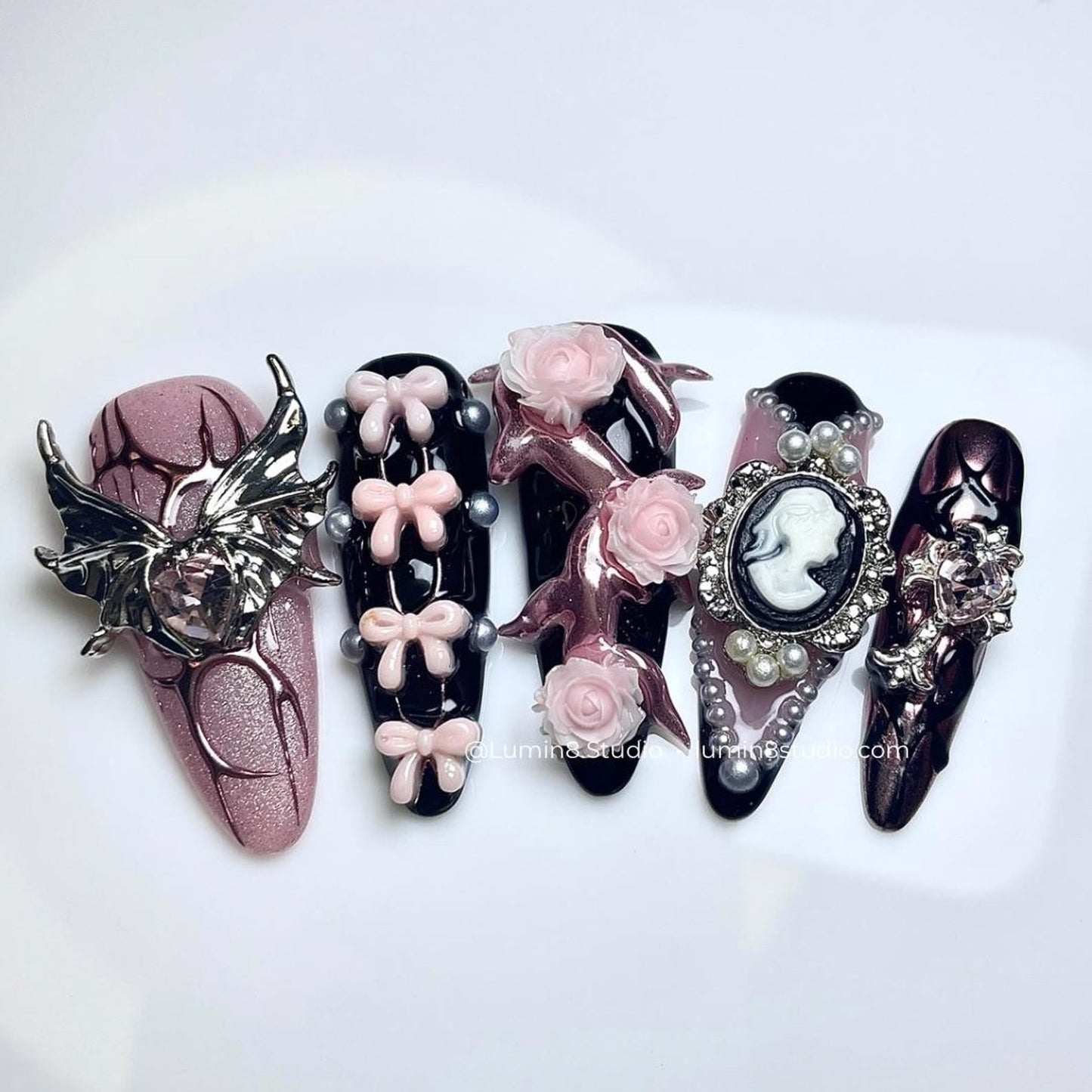 LM49 Gothic Black and Pink 3D Wings Charm Rose Vintage Nails