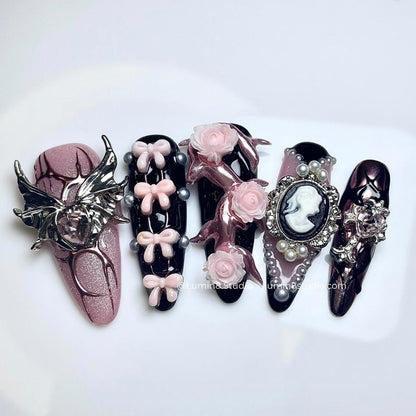 LM49 Gothic Black and Pink 3D Wings Charm Rose Vintage Nails