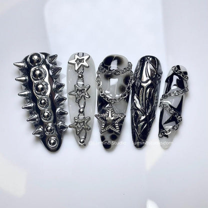 LM49 Gothic Black and Pink 3D Wings Charm Rose Vintage Nails