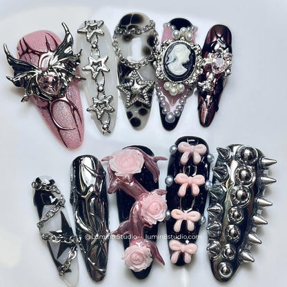 LM49 Gothic Black and Pink 3D Wings Charm Rose Vintage Nails