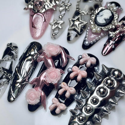 LM49 Gothic Black and Pink 3D Wings Charm Rose Vintage Nails