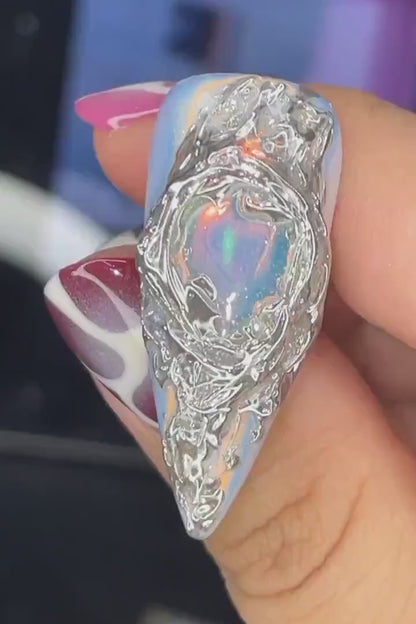 LM01 Cyberpunk Blue Aurora Silver Butterfly Nails